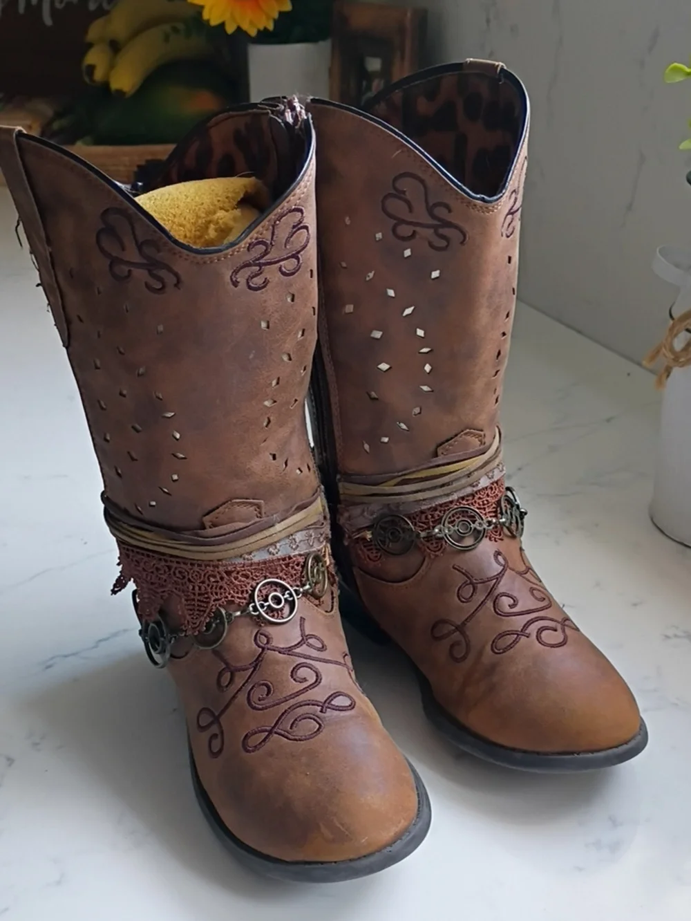 Rodeo Ropers Brown Embroidered Western Boots with Coin & Lace Accents